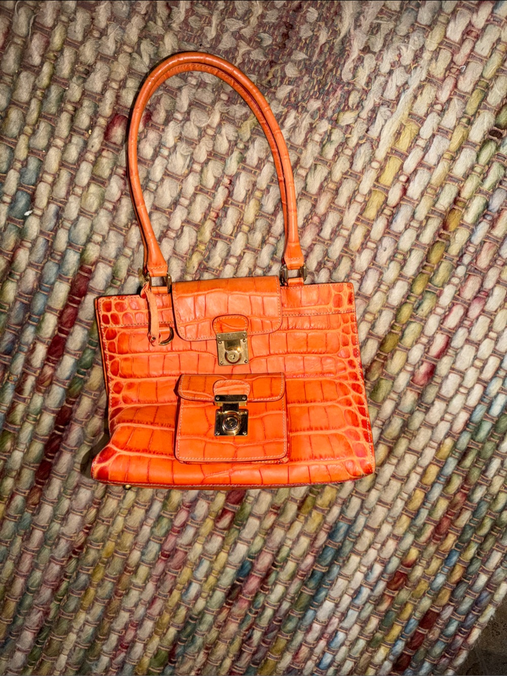 Dooney & Bourke Orange Croc-Embossed Shoulder Bag with Front Pocket